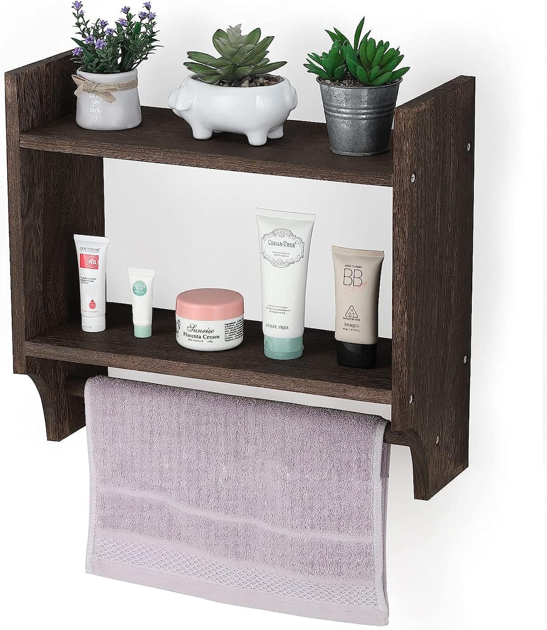 2-Tier Wood Wall Mounted Bathroom Shelf with Towel Rack